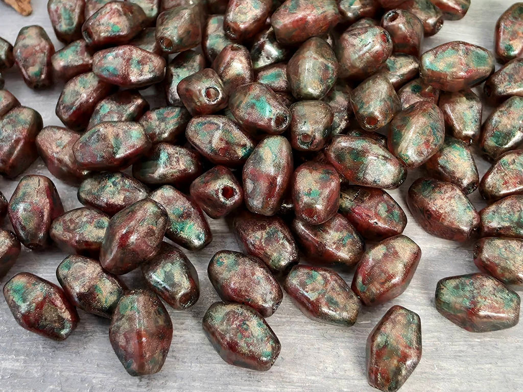 Aged Red Green Patina Wash - Czech Bicone - 8x6mm - 12" Strand/40pcs Loose