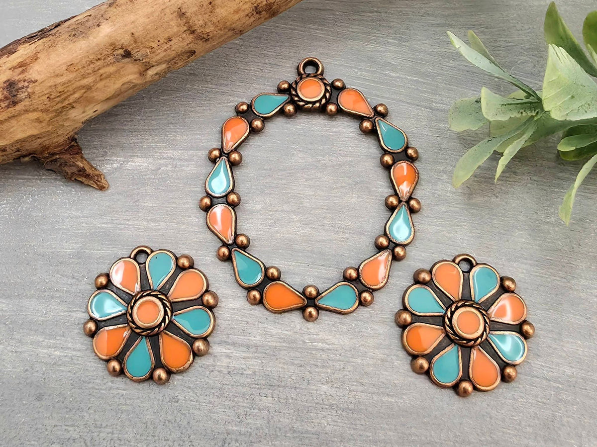 Terra Orange & Turquoise - Copper Plated Pendant & Charm Set - 3pcs