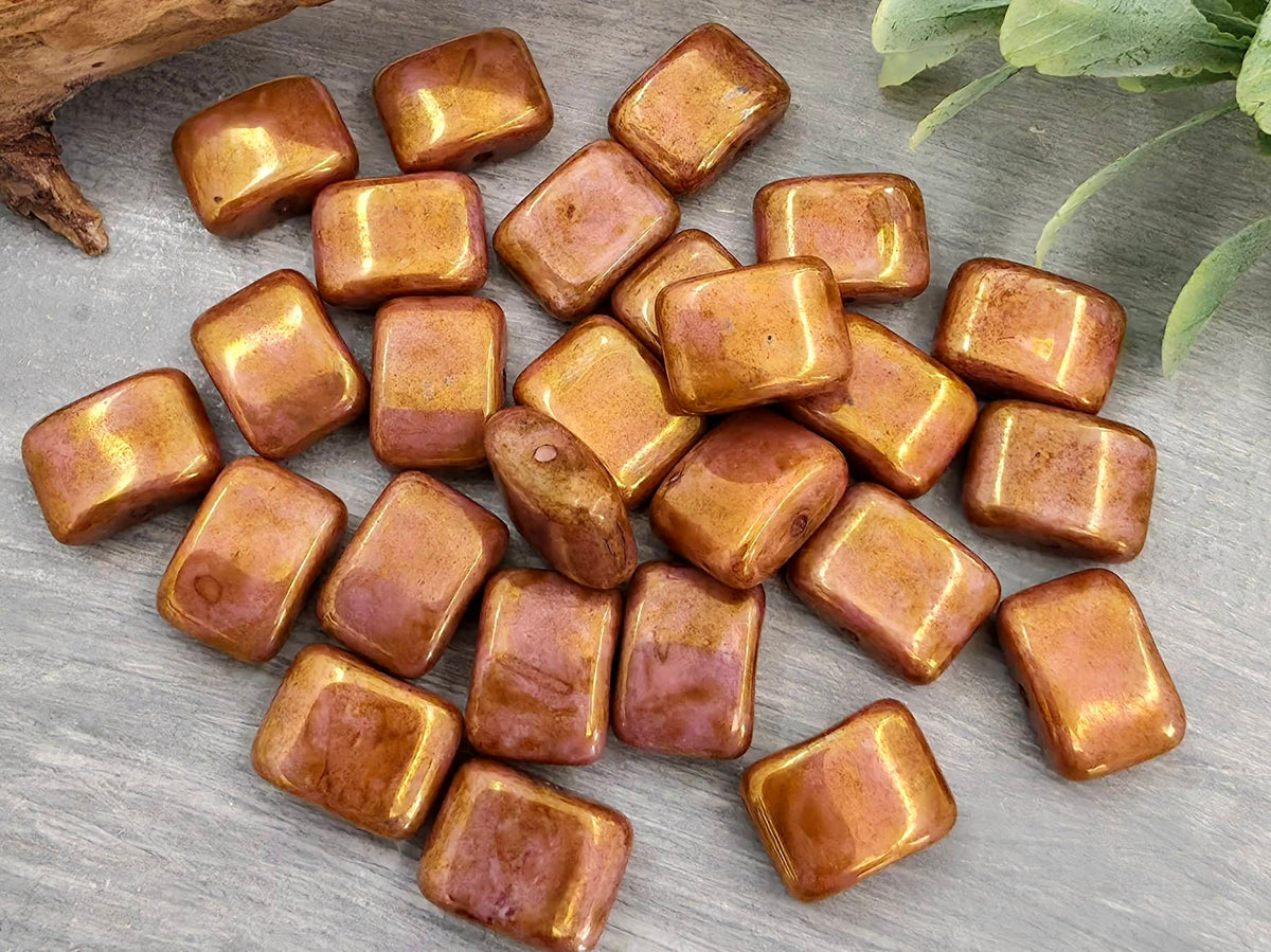 Opaque Pink Gold Stone Luster - Czech Rectangle Beads - 12x8mm - 10pcs Main image