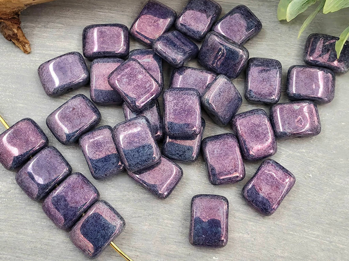 Opaque Turquoise Purple Luster - Czech Rectangle Beads - 12x8mm - 10pcs