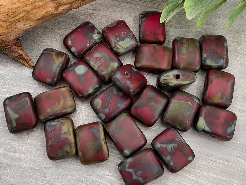 Matte Red Blue Picasso - Czech Rectangle Beads - 12x8mm - 10pcs