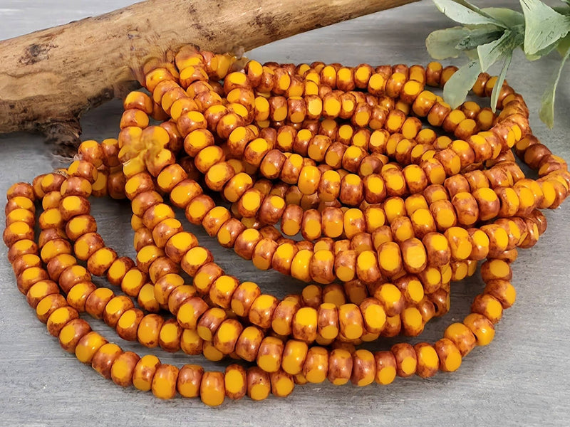 Marigold Yellow w/Ant. Copper Wash - Tri-Cut Czech Seed Beads /Rondelle - 6/0- 1 str./50pcs