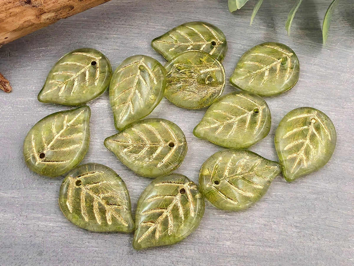 Peridot Green Gold Wash - Czech Apple Leaves - 18x13mm - 10pcs