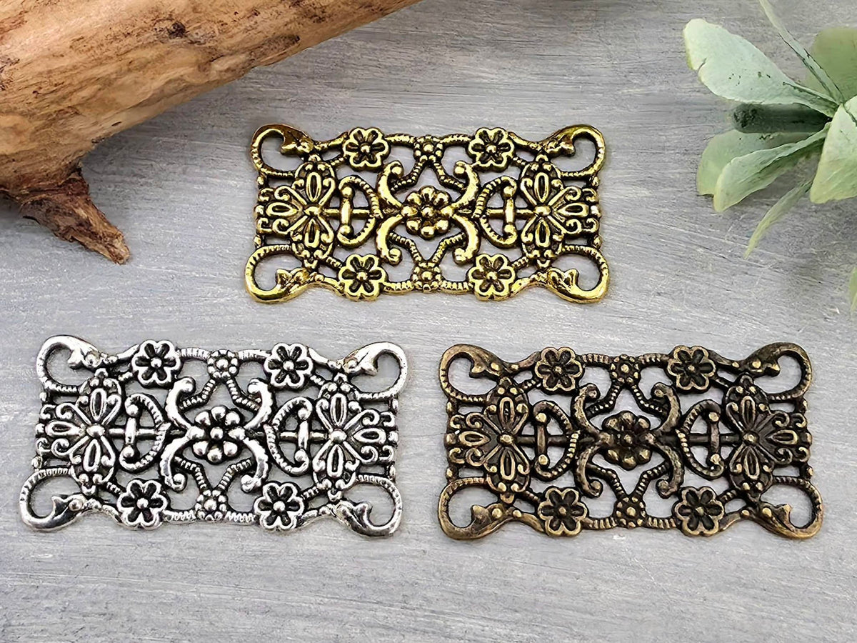 Antique Silver Art Deco Floral - Rectangle Filigree Brass Connector - 30x15mm - 4pcs
