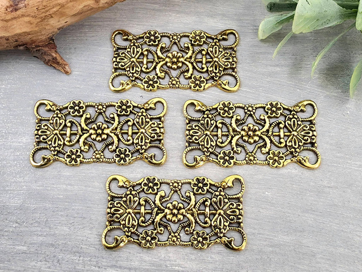 Antique Gold Art Deco Floral - Rectangle Filigree Brass Connector - 30x15mm - 4pcs Main image