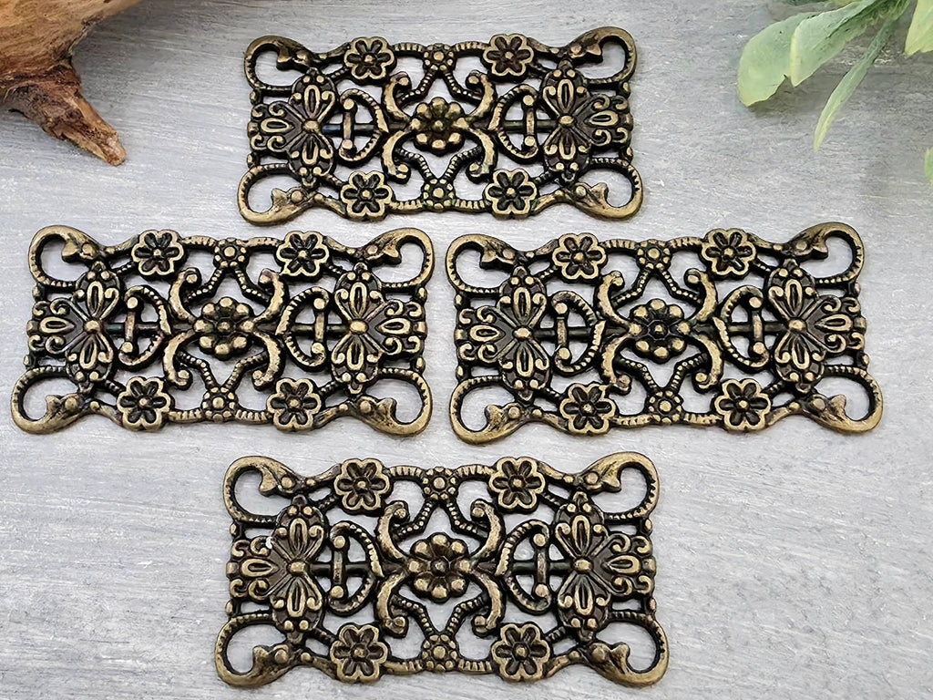 Antique Bronze Art Deco Floral - Rectangle Filigree Brass Connector - 30x15mm - 4pcs