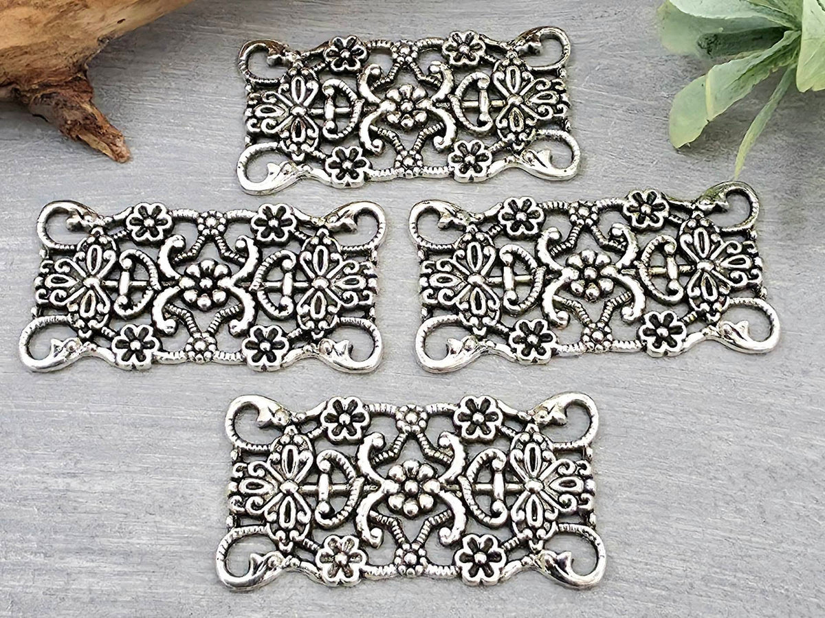 Antique Silver Art Deco Floral - Rectangle Filigree Brass Connector - 30x15mm - 4pcs Main image