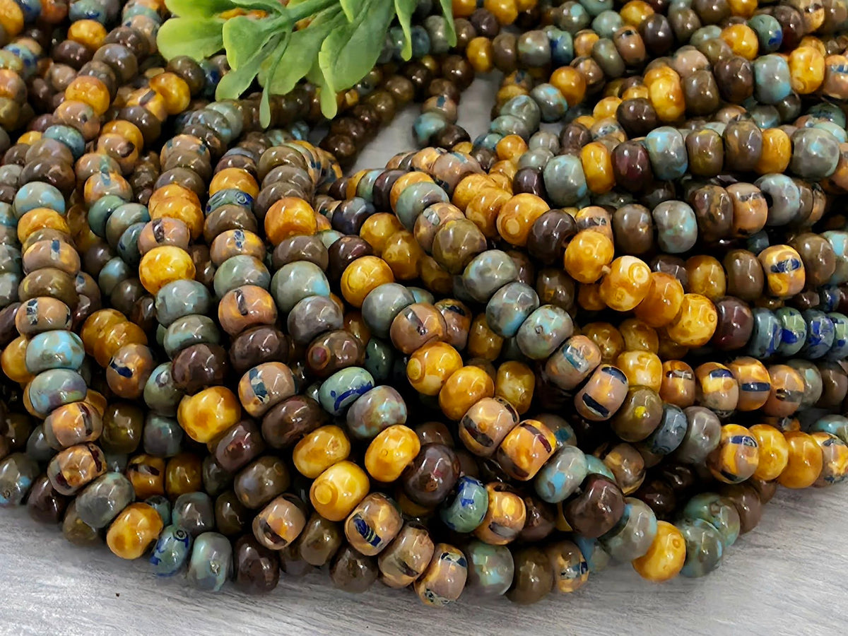 4/0 Aged Caribbean Blue Stripped Picasso - Czech Seed Bead Mix - 5mm - 10" Strand