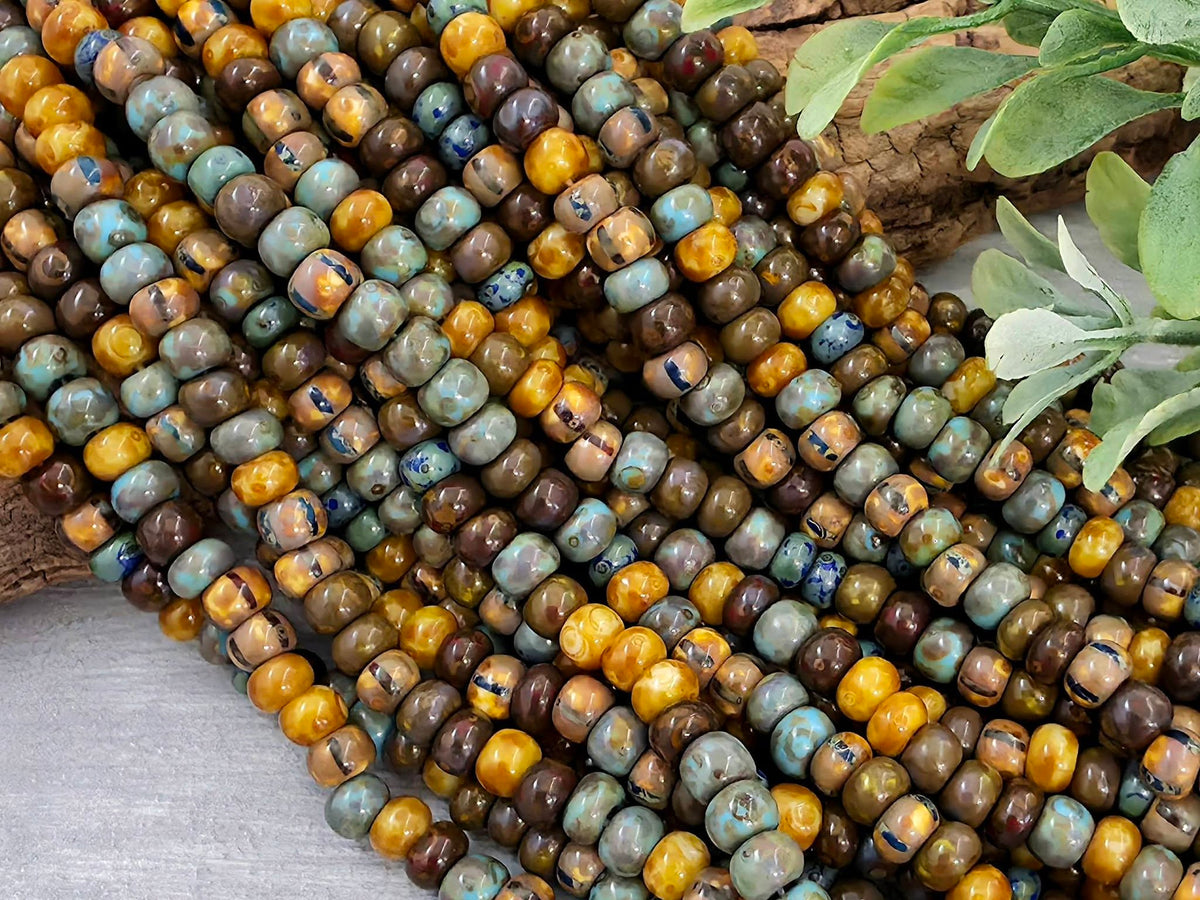 4/0 Aged Caribbean Blue Stripped Picasso - Czech Seed Bead Mix - 5mm - 10" Strand