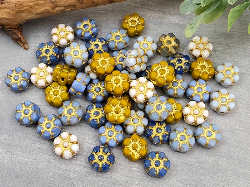 Designer Blue & Ochre Mix - Czech Mallow Flowers - 8mm - 20pcs