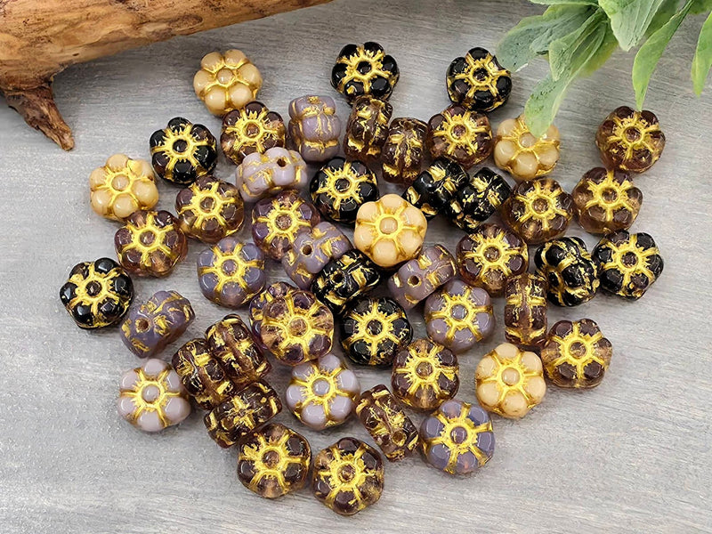 Designer Purple & Cream Mix - Czech Mallow Flowers - 8mm - 20pcs