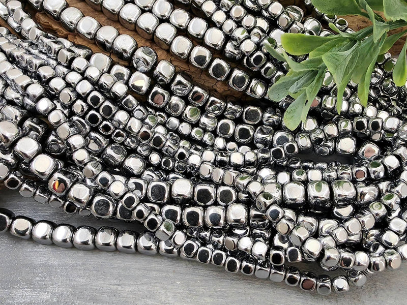 Platinum Silver - Hematite Cube Beads - 4/6mm - 15.5" Strand