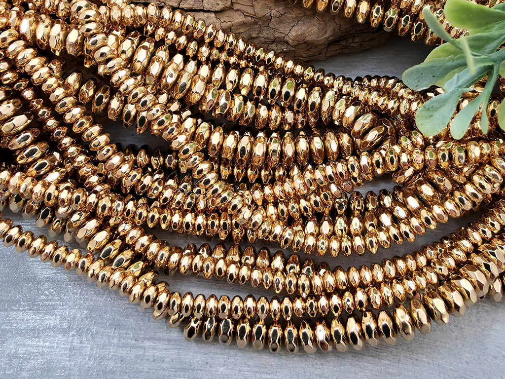 KC Gold Plated - Faceted Hematite Rondelle Beads - 15.5" Strand