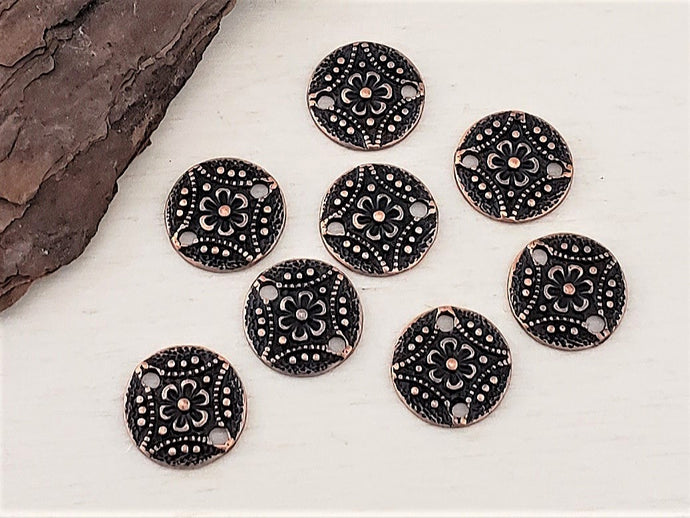 Antique Copper 2 Hole Flower Coin Connectors - 10mm - 10pcs
