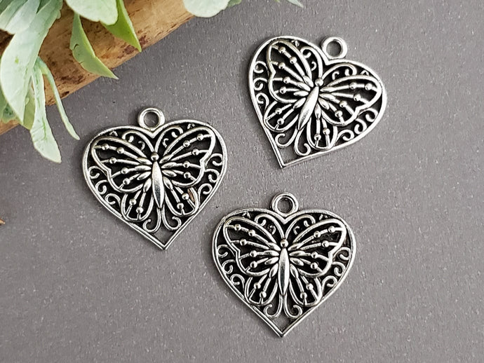 Tibetan Silver Filigree Butterfly Heart Pendant Charm - 22x20mm - 2pcs