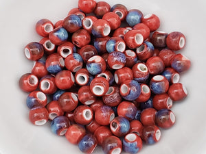 2 Tone Blue Red Glazed Porcelain Ceramic Beads - 8-9mm - 2-2.5mm Hole - 15pcs