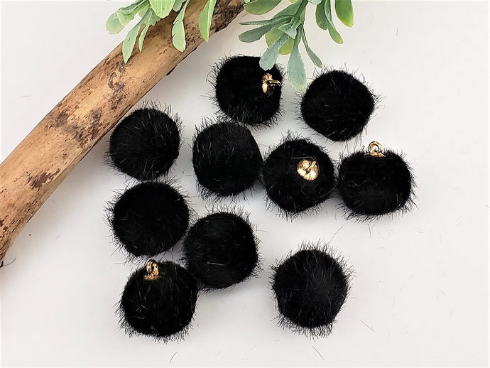 Black Faux Fur Pom Pom Connectors - 4pcs -  14mm
