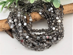 Smokey Grey Faceted Edge Crystal Coins - 4mm - 22" Strand