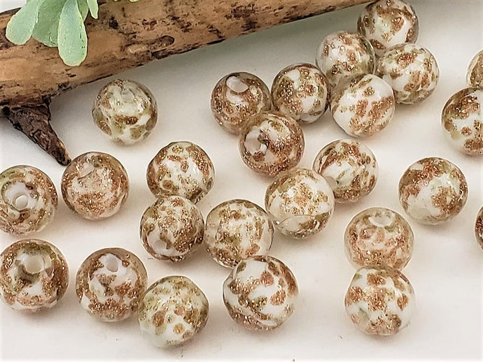 White w/Copper Glitter Round Lampwork Beads - 10mm - 10pcs