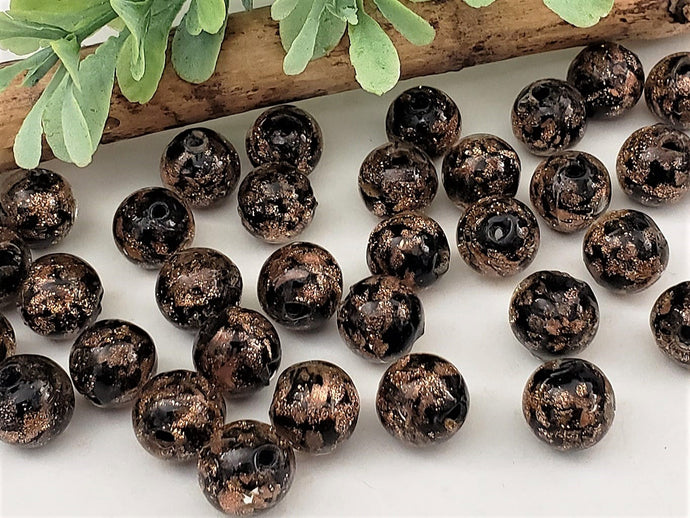 Black w/Copper Glitter Round Lampwork Beads - 10mm - 10pcs