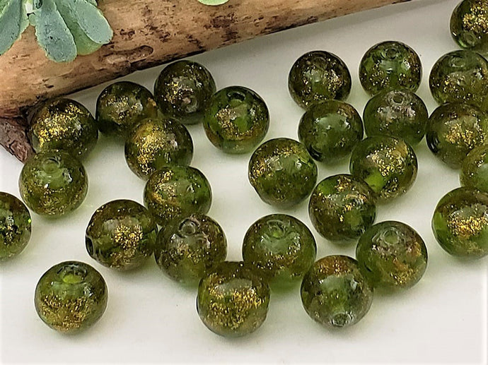 Olivine w/Copper Glitter Round Lampwork Beads - 10mm - 10pcs