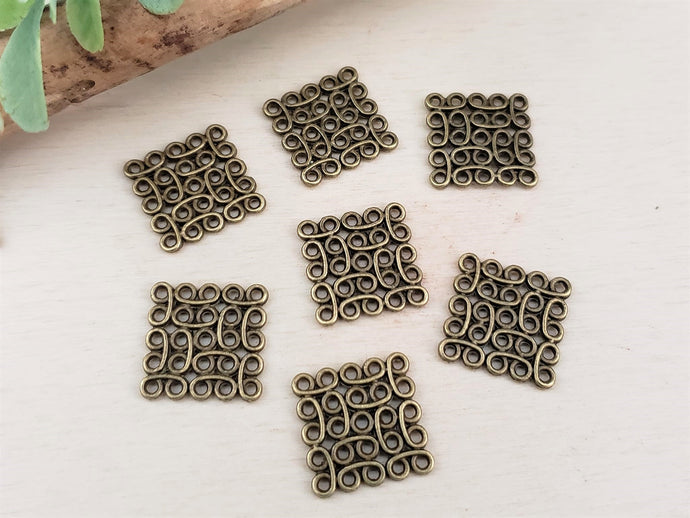 Antique Brass Filigree Square Connectors - 15mm - 10pcs