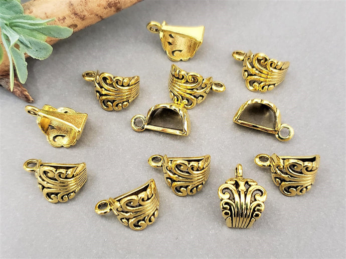 Antique Gold Filigree Pendant Charm Bail Flat Back - Wide Hole - 17x12x8mm -6pcs