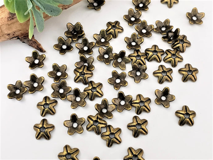 NEW BULK QUANTITY * Anitque Brass Star Bead Caps - 8mm - 100pcs