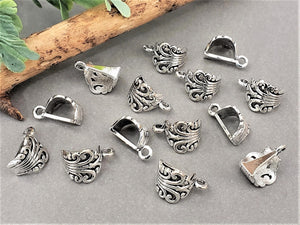 Tibetan Silver Filigree Pendant Charm Bail Flat Back - Wide Hole - 17x12x8mm -6pcs