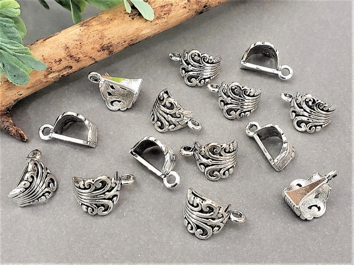 Tibetan Silver Filigree Pendant Charm Bail Flat Back - Wide Hole - 17x12x8mm -6pcs