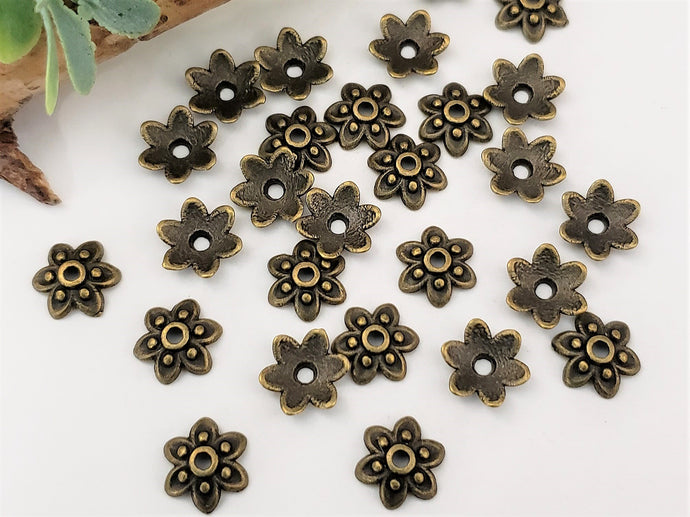 Anitque Brass 6 Point Flower Bead Caps - 9mm - 100pcs