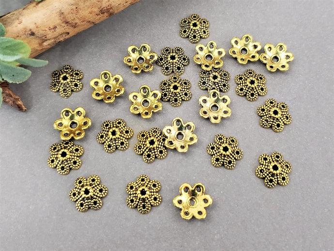 NEW BULK QUANTITY * Antique Gold Textured 6 Point Flower Bead Caps - 10mm - 100pcs