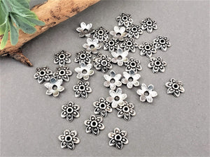 NEW BULK QUANTITY * 6 Petal Tibetan Silver Flower Bead Caps - 9mm - 100pcs