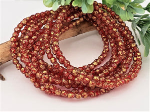Red w/Antique Gold Wash Fire-Polished - 4mm/50pcs