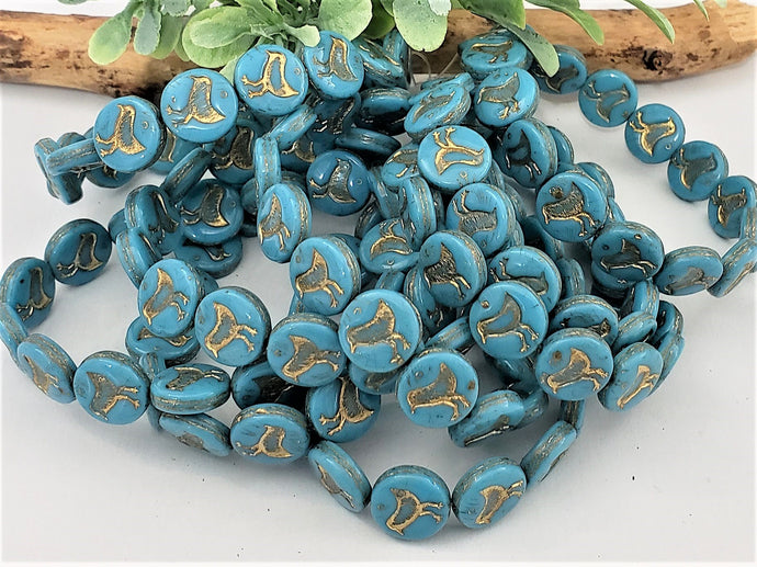 Opaque Turquoise Blue w/Gold Wash Bird Coin - 12mm - 6pcs