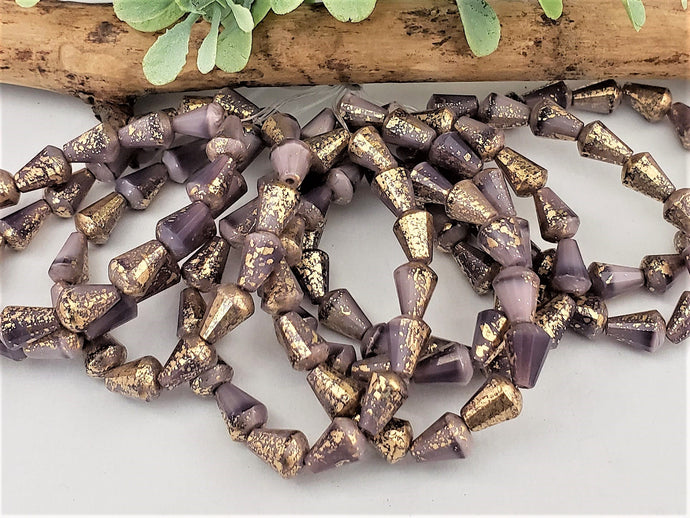 Purple Silk  Antique Gold Wash Czech Glass Top Cut Drops - 8x6mm - 10pcs