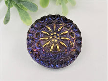 Load image into Gallery viewer, Lacey Blue Purple Iris w/Antique Gold Czech Glass Flower Button - 27mm -1pc
