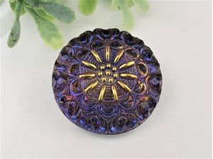 Lacey Blue Purple Iris w/Antique Gold Czech Glass Flower Button - 27mm -1pc