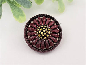 Deep Burgundy Wine w/Antique Gold Czech Glass Sunflower Button -18mm -1pc