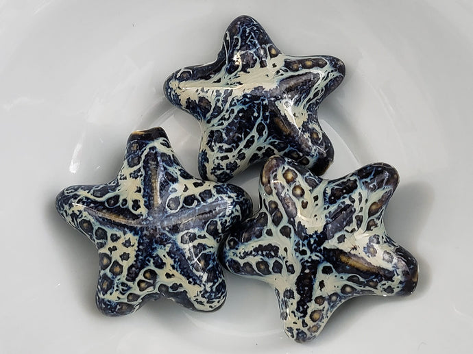 Large Blue Brown Cream Luster Glazed Porcelain Ceramic Pillow Starfish Bead- 35x15mm - 1pc