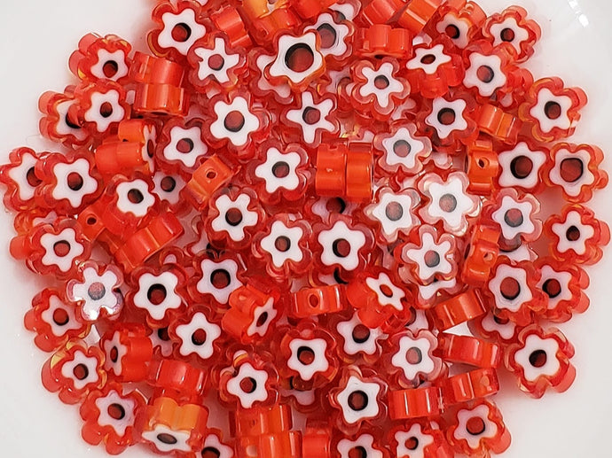 Coral Red Murano Millefiori Flower Glass Beads - 6mm - 25pcs