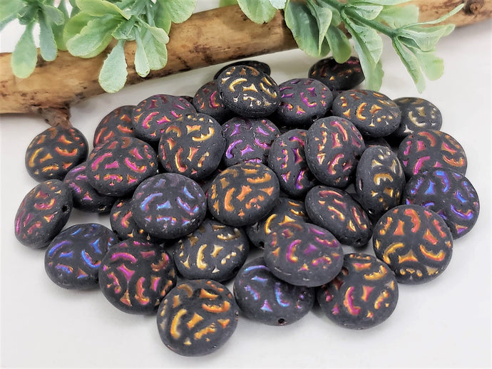 Matte Charcoal Metallic Vitrail Czech Pillow Coin Beads - 14mm - 8pcs