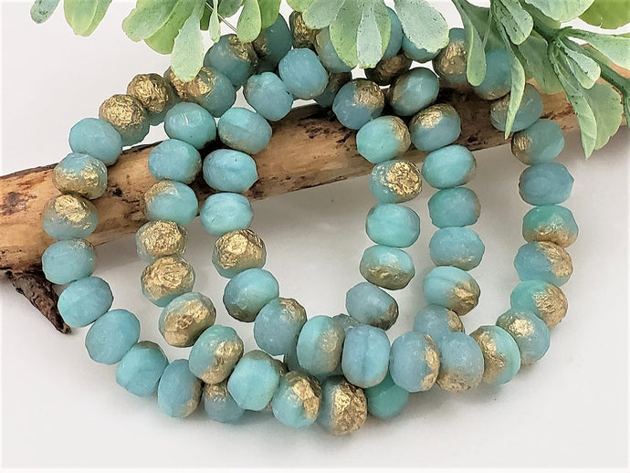 Matte Sea Green Gold Etched Czech Rondelle - 9x6mm - 25pcs