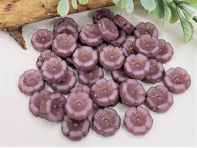 Pink Opaline Purple Bronze Silk Wash Czech Hibiscus Flower - 12mm - 6pcs