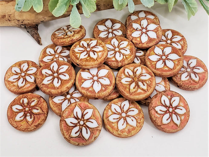 White Alabaster Rustic Wash Pionsettia Flower Czech Coin - 18mm - 4pcs