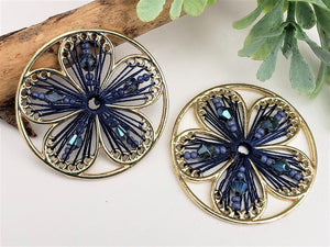 Gold Blue Daisy Beaded Pendant - 35mm - 1pc