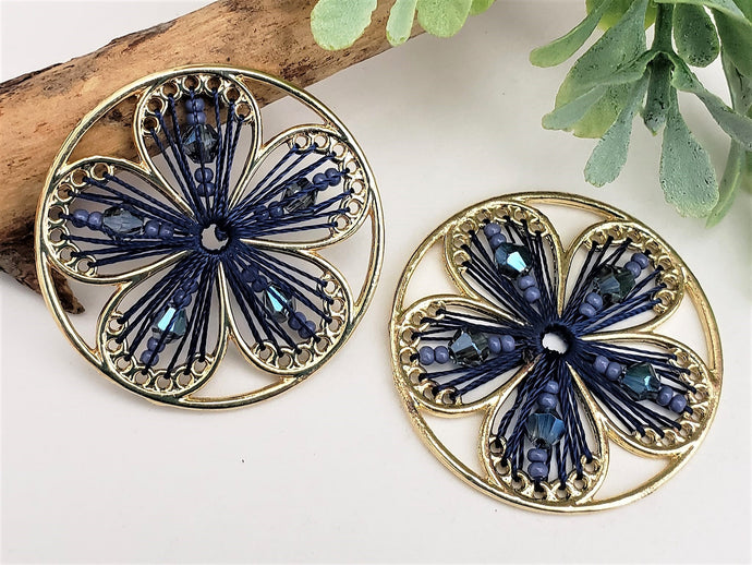 Gold Blue Daisy Beaded Pendant - 35mm - 1pc