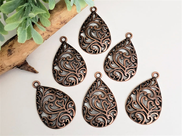Antique Copper Filigree Swirl Tear Drops  - 30x20mm- 2pcs