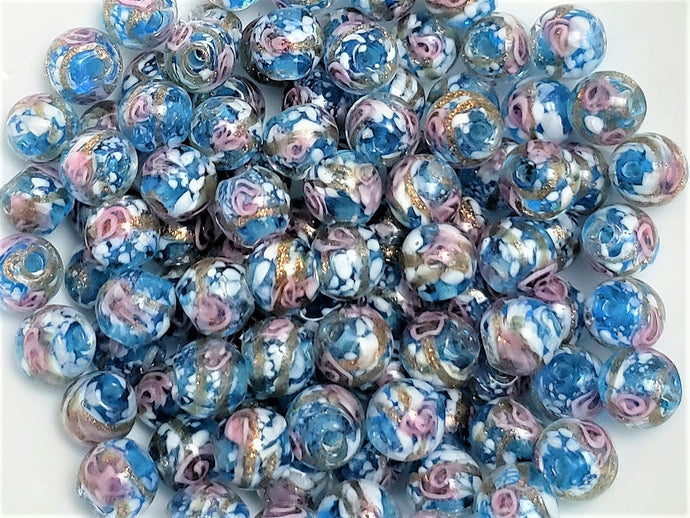Aqua Blue Pink Flower Gold Glitter Lampwork Beads - 8mm - 10pcs