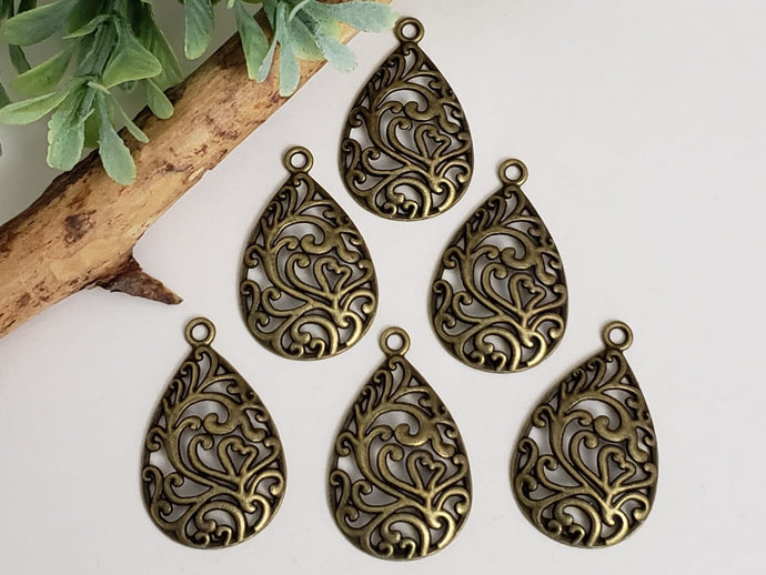 Antique Brass Filigree Swirl Tear Drops  - 30x20mm- 2pcs